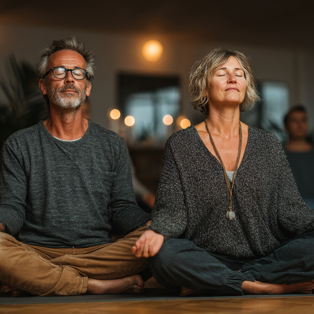Peaceful meditation session with middle-aged man and woman sitting cross-legged in serene indoor space